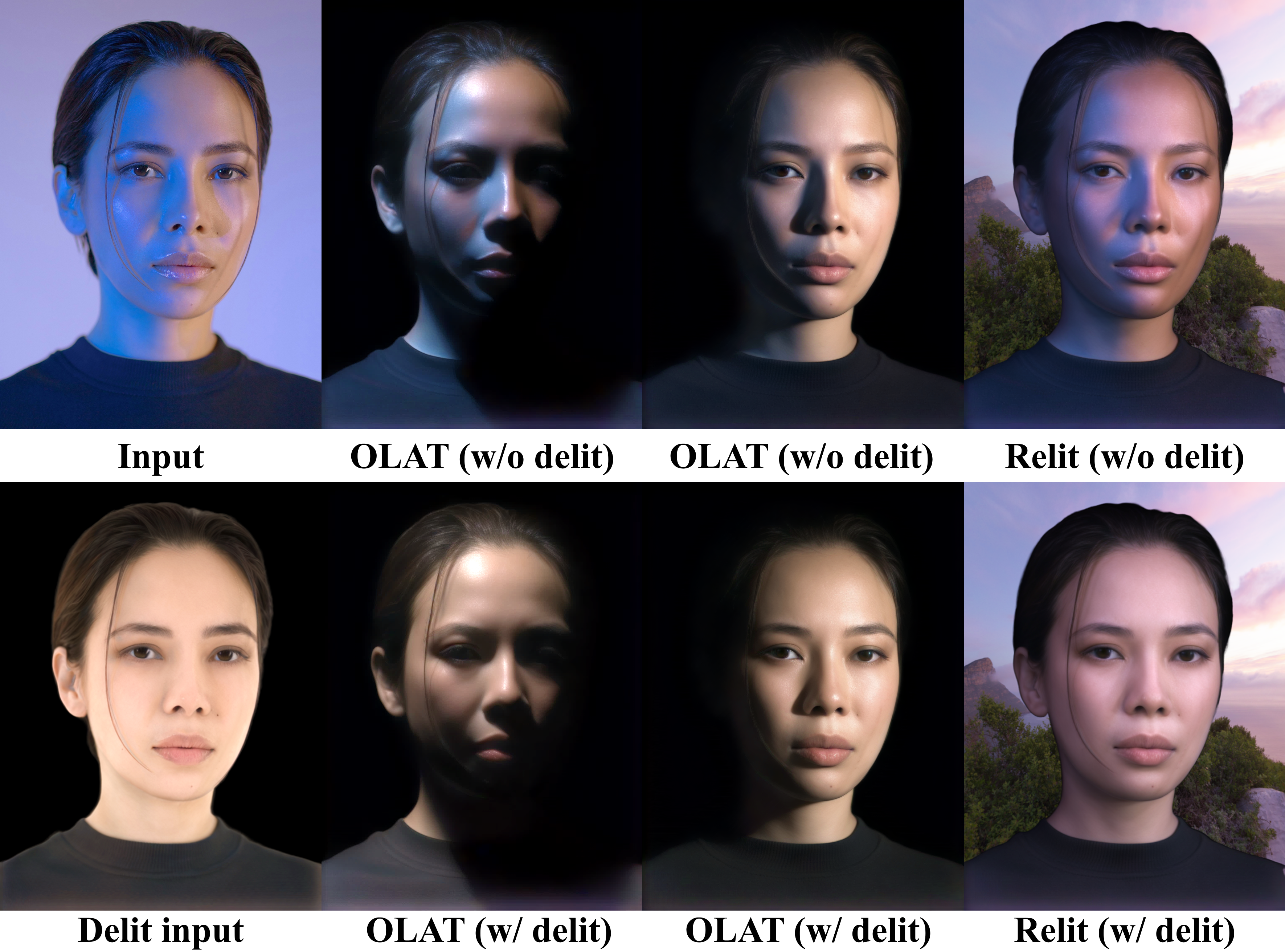 Delighting comparison under strong directional illumination.